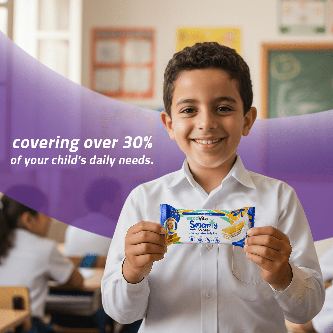 Child holding Smarty Vanilla Milk Wafer Fortified with Vitamins and Minerals covering 30% of RDA.