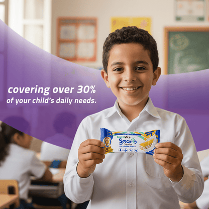 Child holding Smarty Vanilla Milk Wafer Fortified with Vitamins and Minerals covering 30% of RDA.