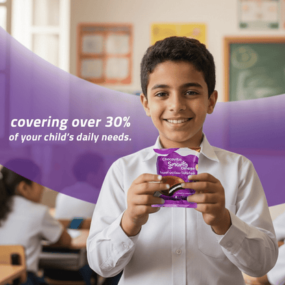 Child holding Chocovita Omega with Vitamin-fortified Marshmallow Chocolate Sandwich in a classroom setting with promotional text overlay.